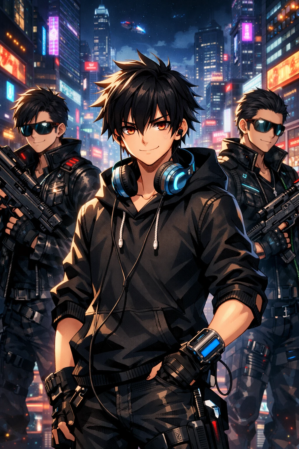 Anime boy leads edgy friends in neon cyberpunk streets