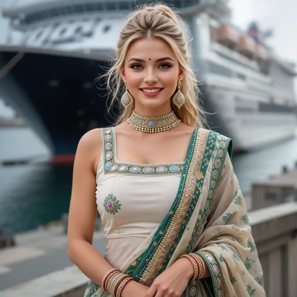 Mulher loira sorridente com dupatta verde no porto