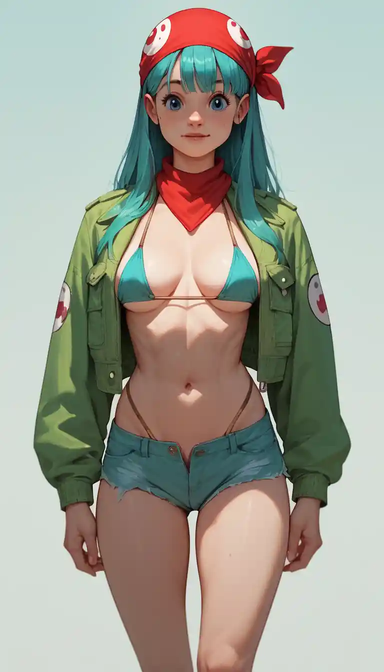 Anime woman in rainbow jacket and miniskirt on a bright day