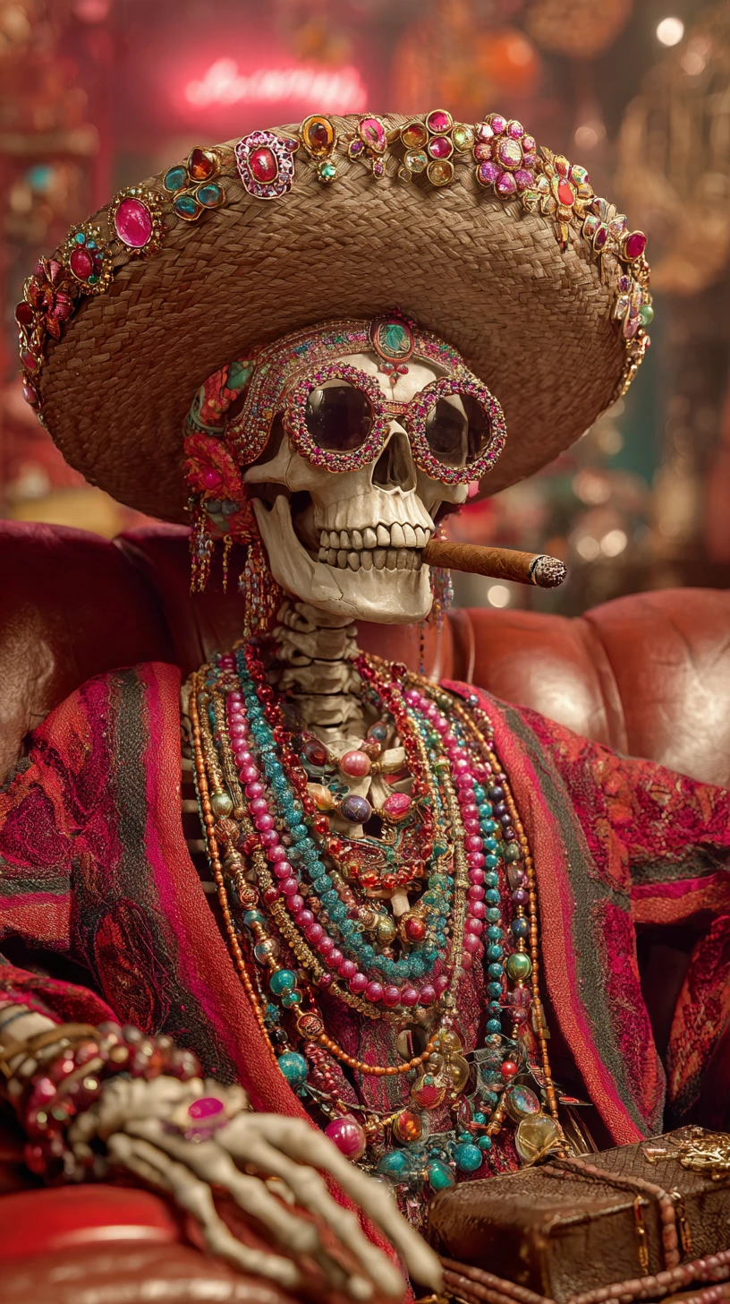 Esqueleto decorado con cigarro en sofá rojo con sombrero mexicano