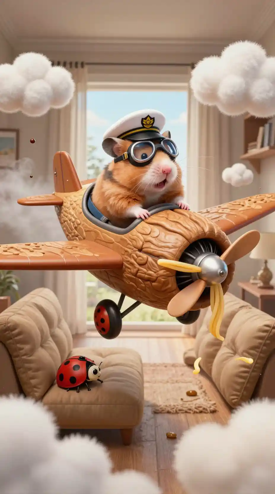 Hamster Pilot In Walnut Airplane Over Living Room Canyon