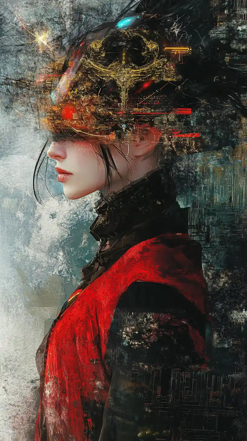 Principessa cyberpunk in un'illusione celestiale dark fantasy