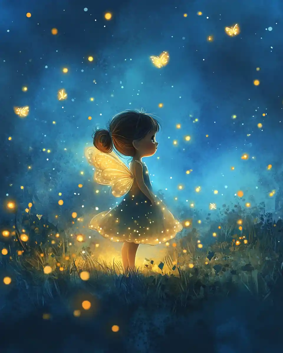 Summer fairy child glowing softly at twilight forest