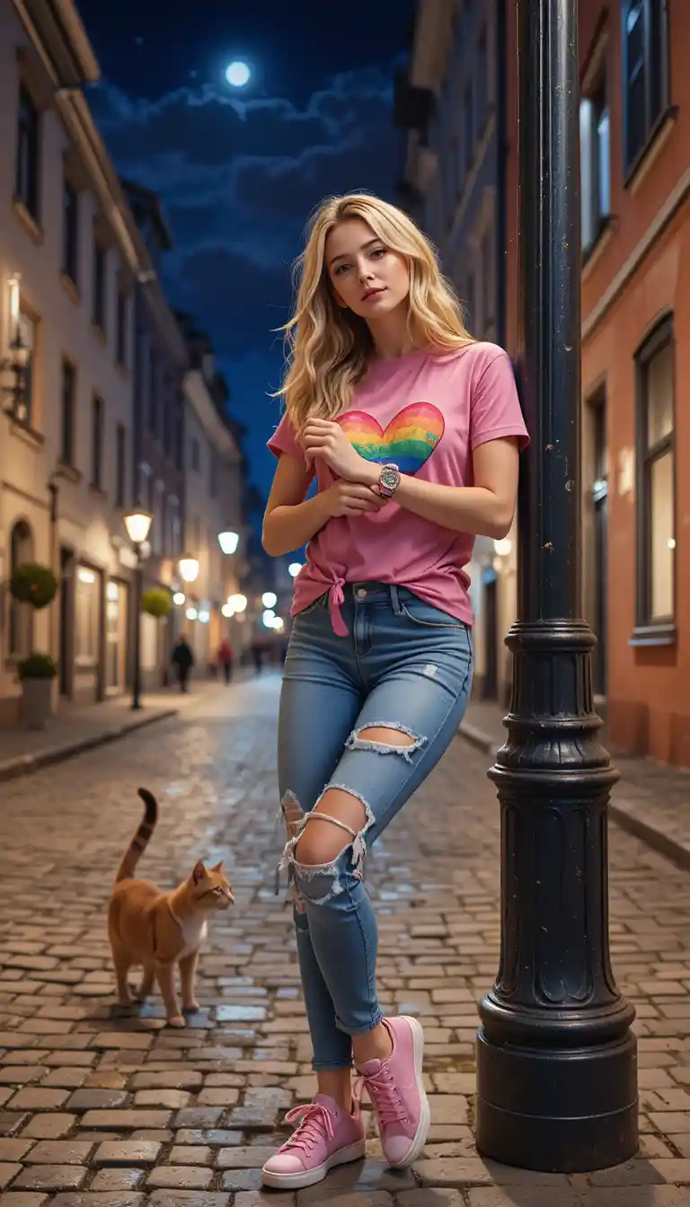 Young blonde woman on a city street at night