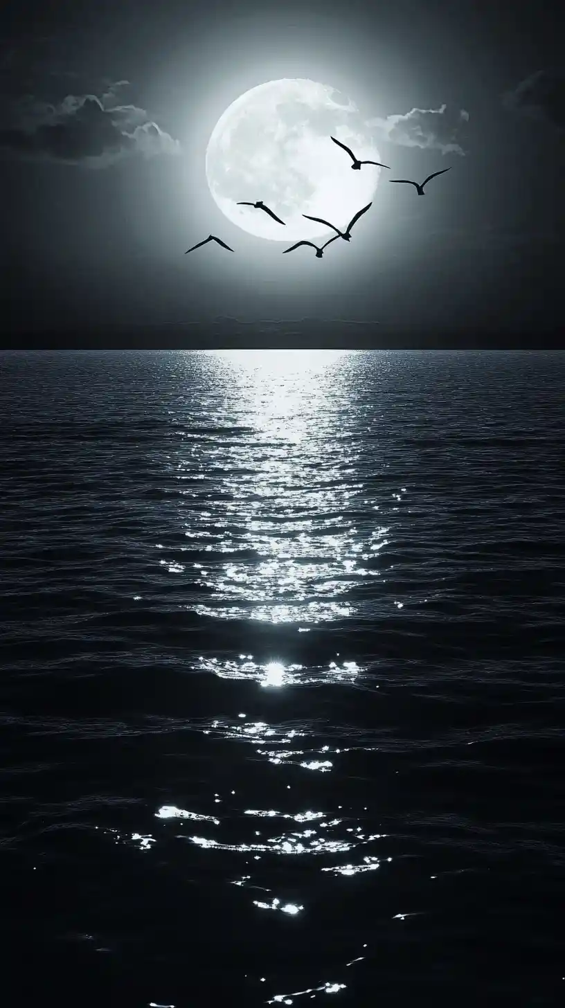 Navi su un mare lontano sotto una pallida luna nascente