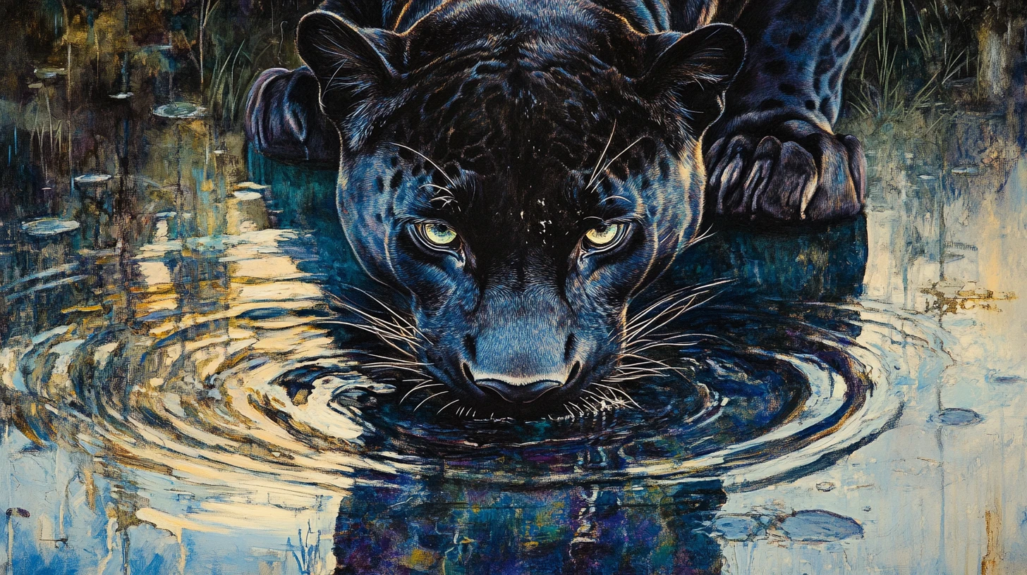 Majestic panther studying its reflection in a quiet puddle
