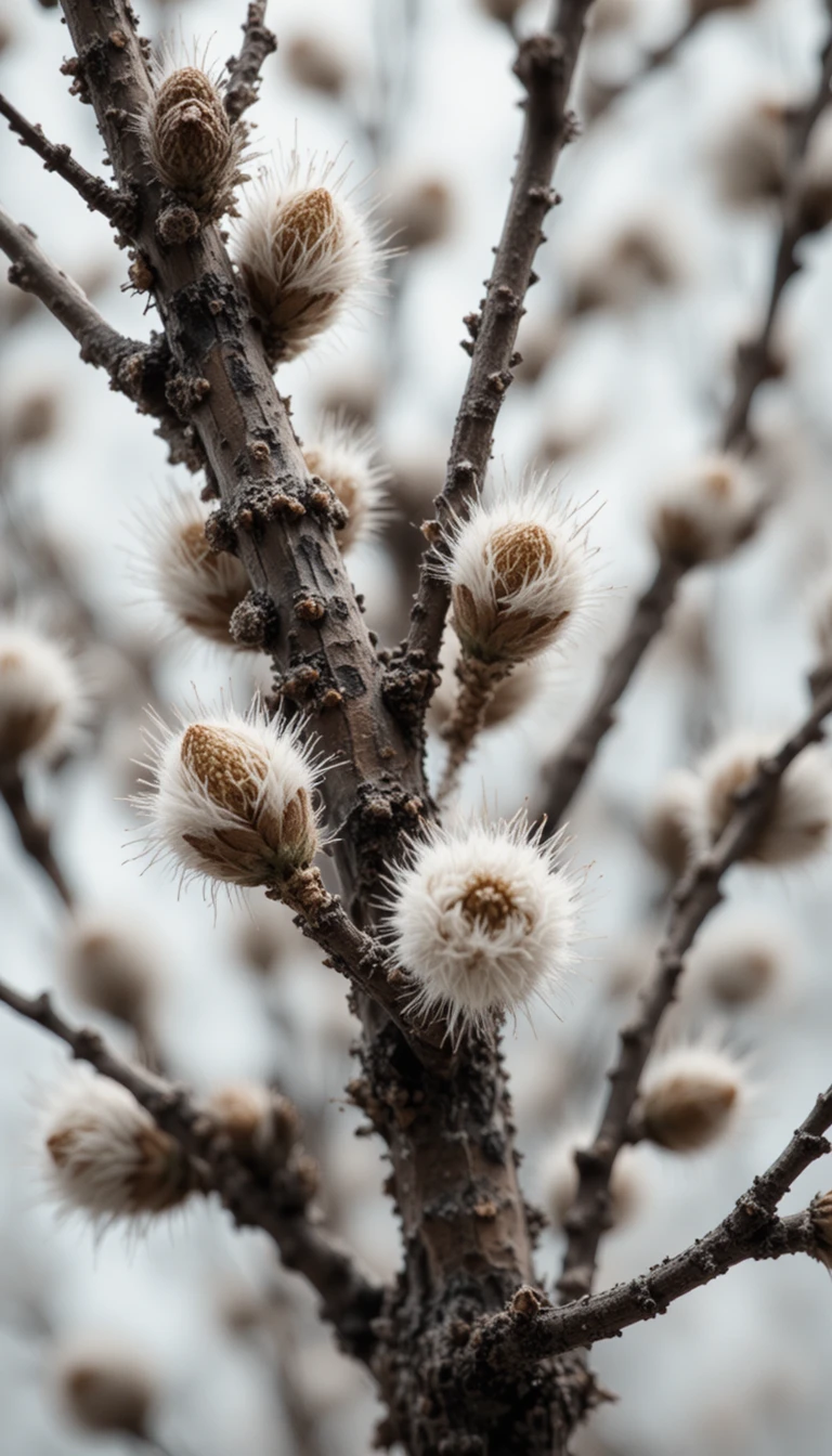 Macro view of fluffy birch buds against clean white background