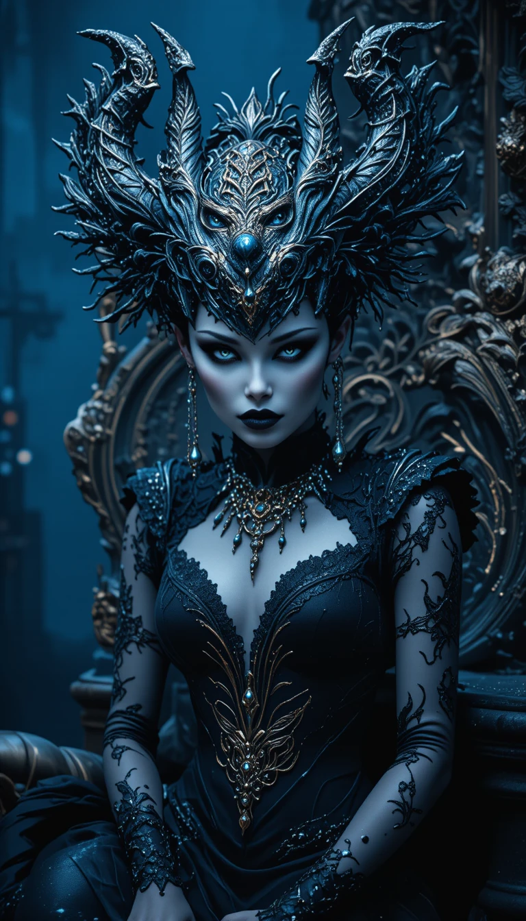 Demonic queen on baroque throne with horned dragon crown