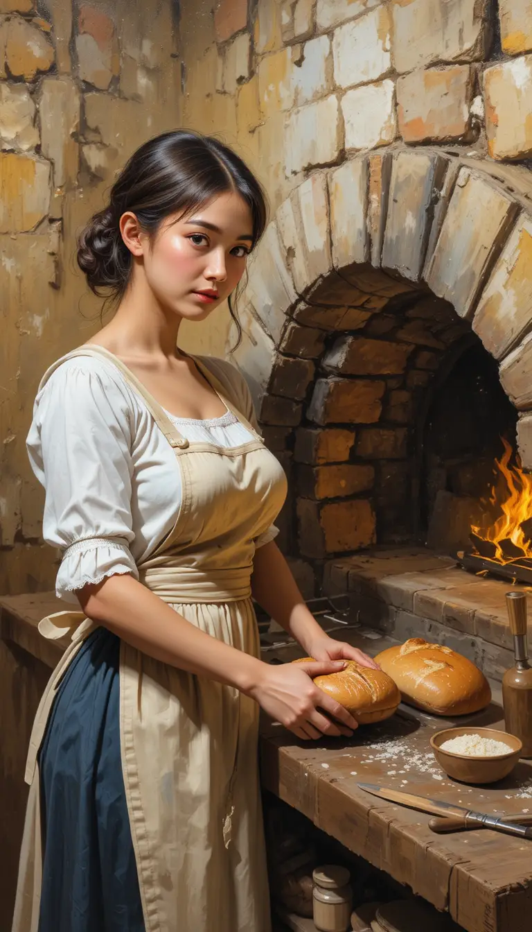 Young woman baking bread in a rustic firelit kitchen