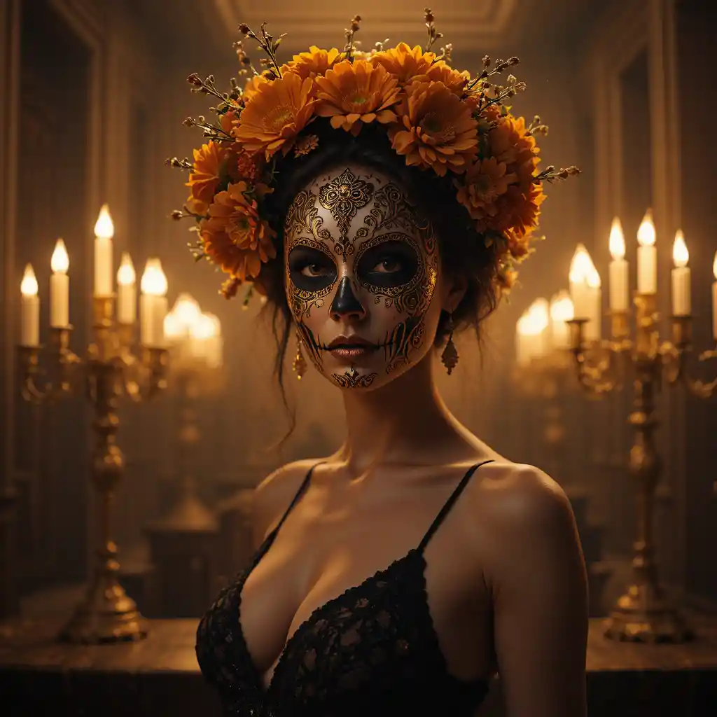 Masked supermodel in a luxurious candlelit study