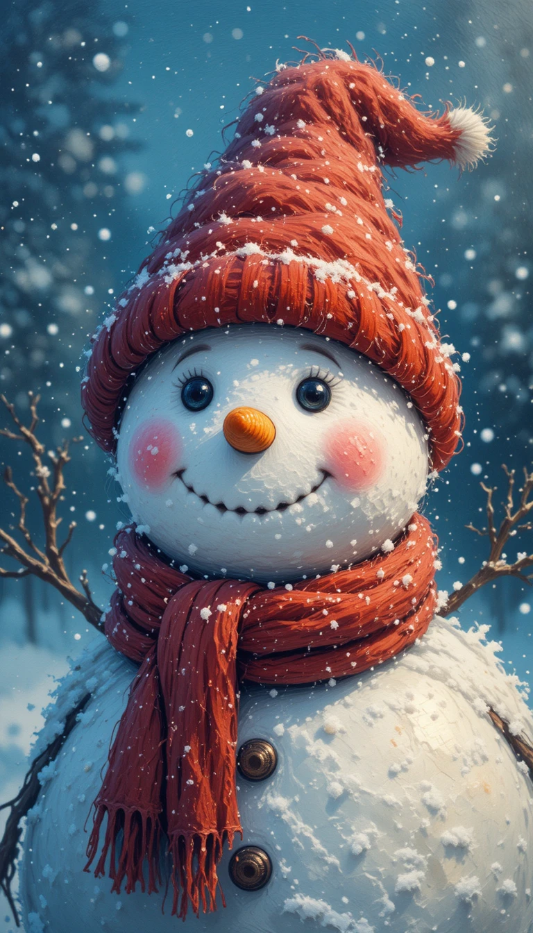 Muñeco de nieve alegre en primer plano en una suave escena invernal en tonos pastel