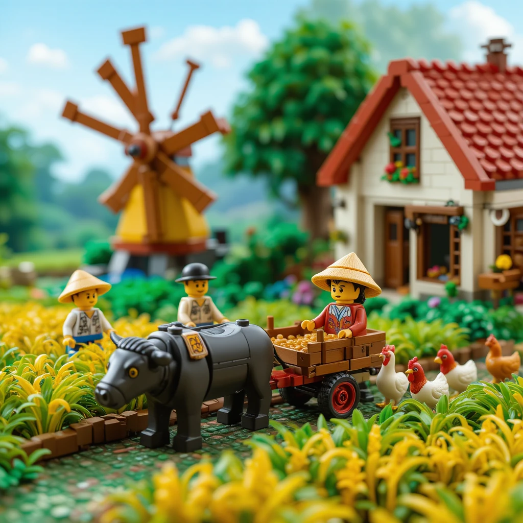 Colorida escena de granja campestre de Lego con granjeros y animales