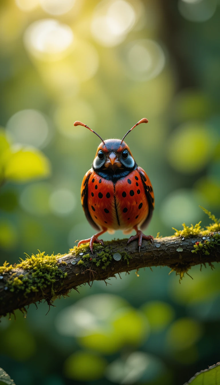Pequeño pájaro rojo con manchas de mariquita en rama musgosa