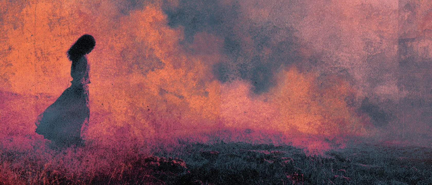 Surreal abstract scene in rich orange and indigo hues