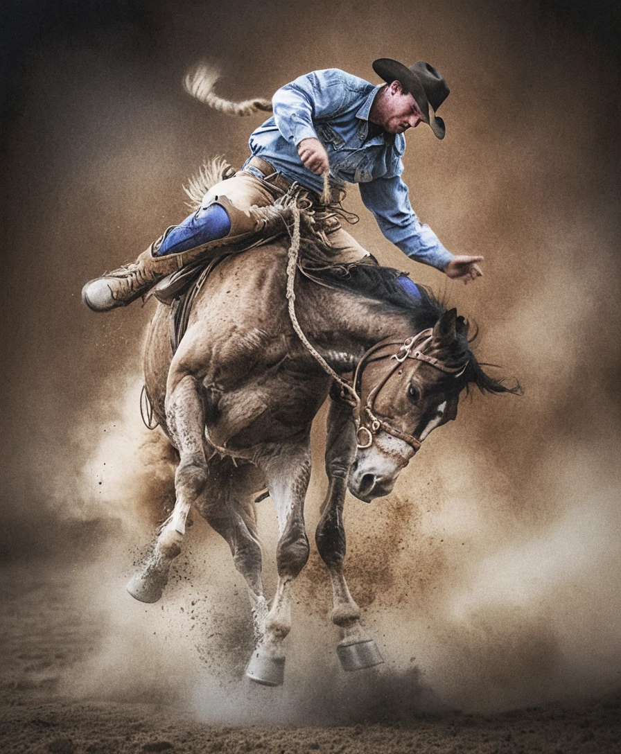 Cowboy Thrown From Bucking Bronco In Dusty Rodeo Arena