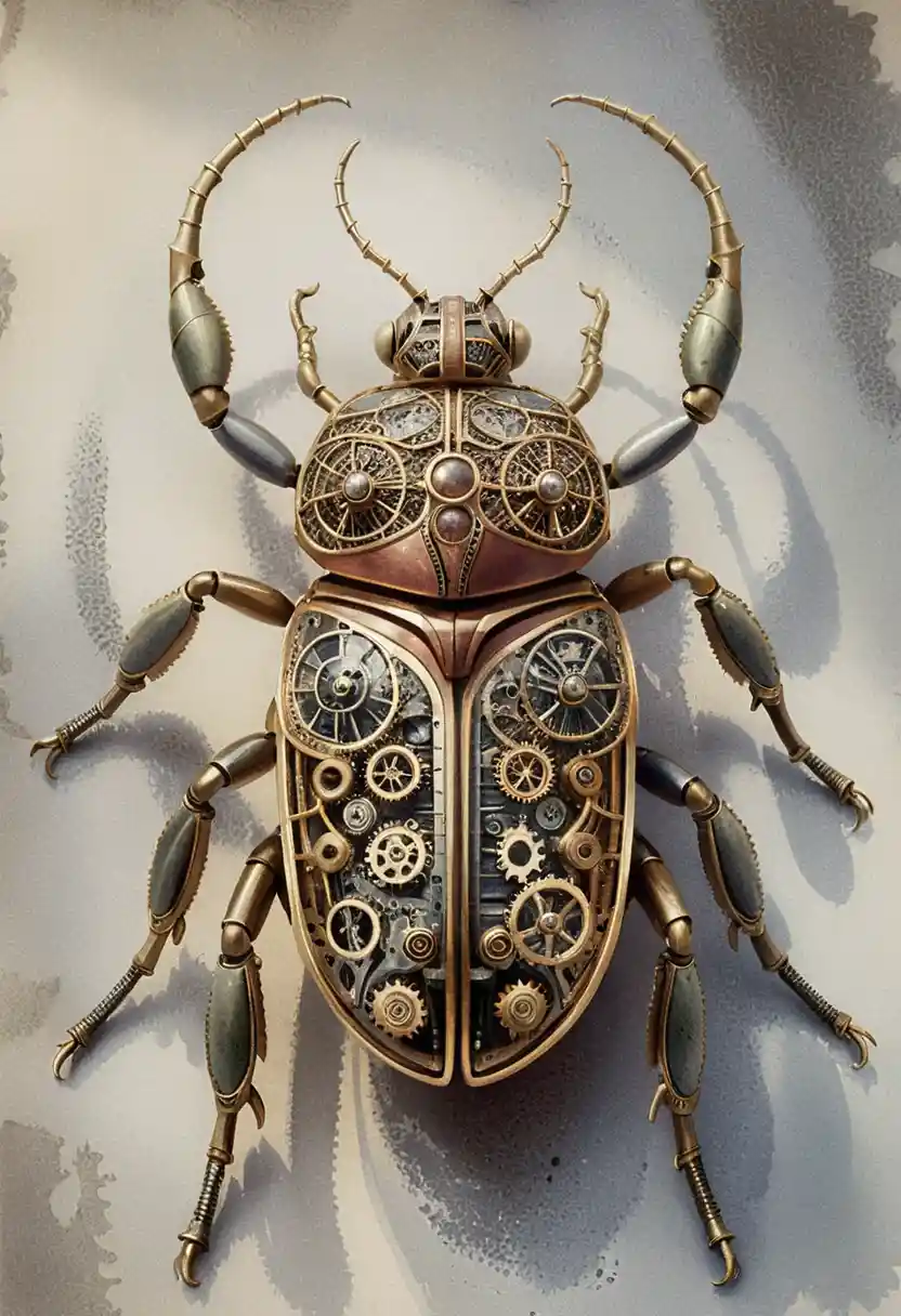 Steampunk Mechanical Beetle Sculpture In Symmetrical Top View