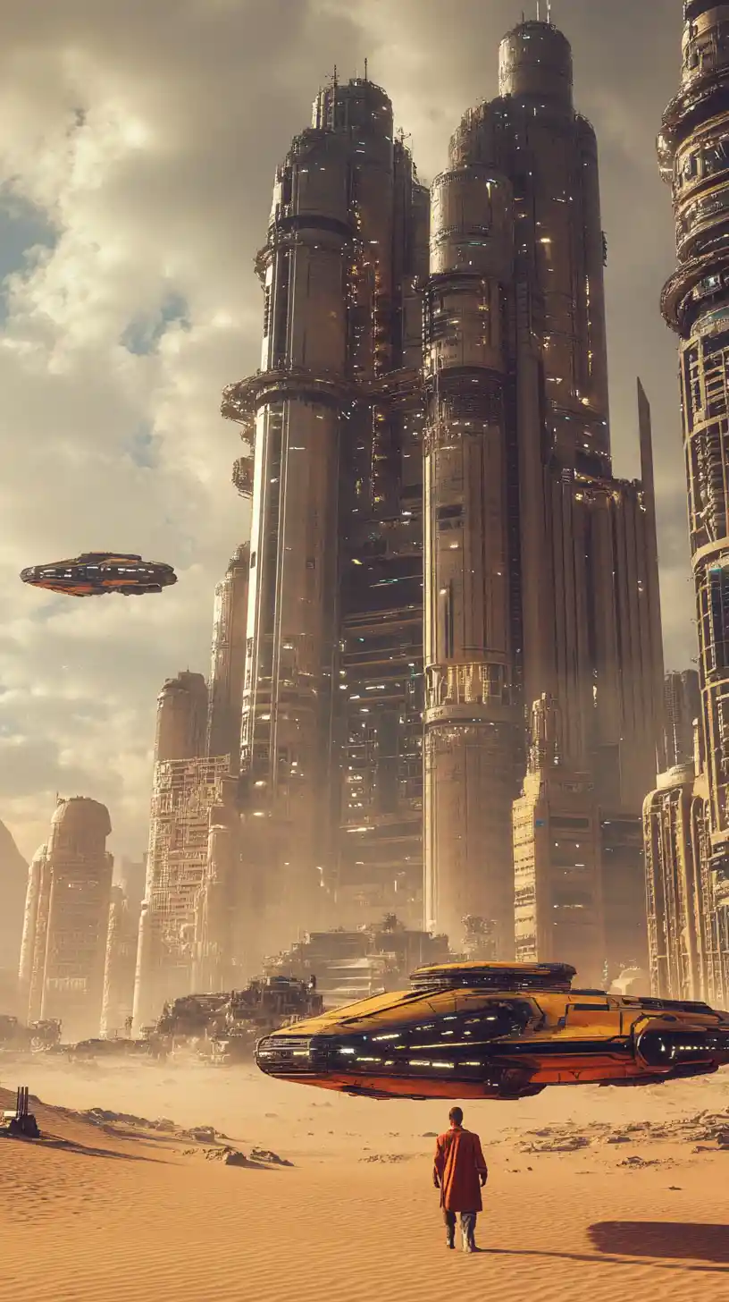 Glatzköpfiger Sci-Fi-Mann in einer dystopischen Wüstenstadt