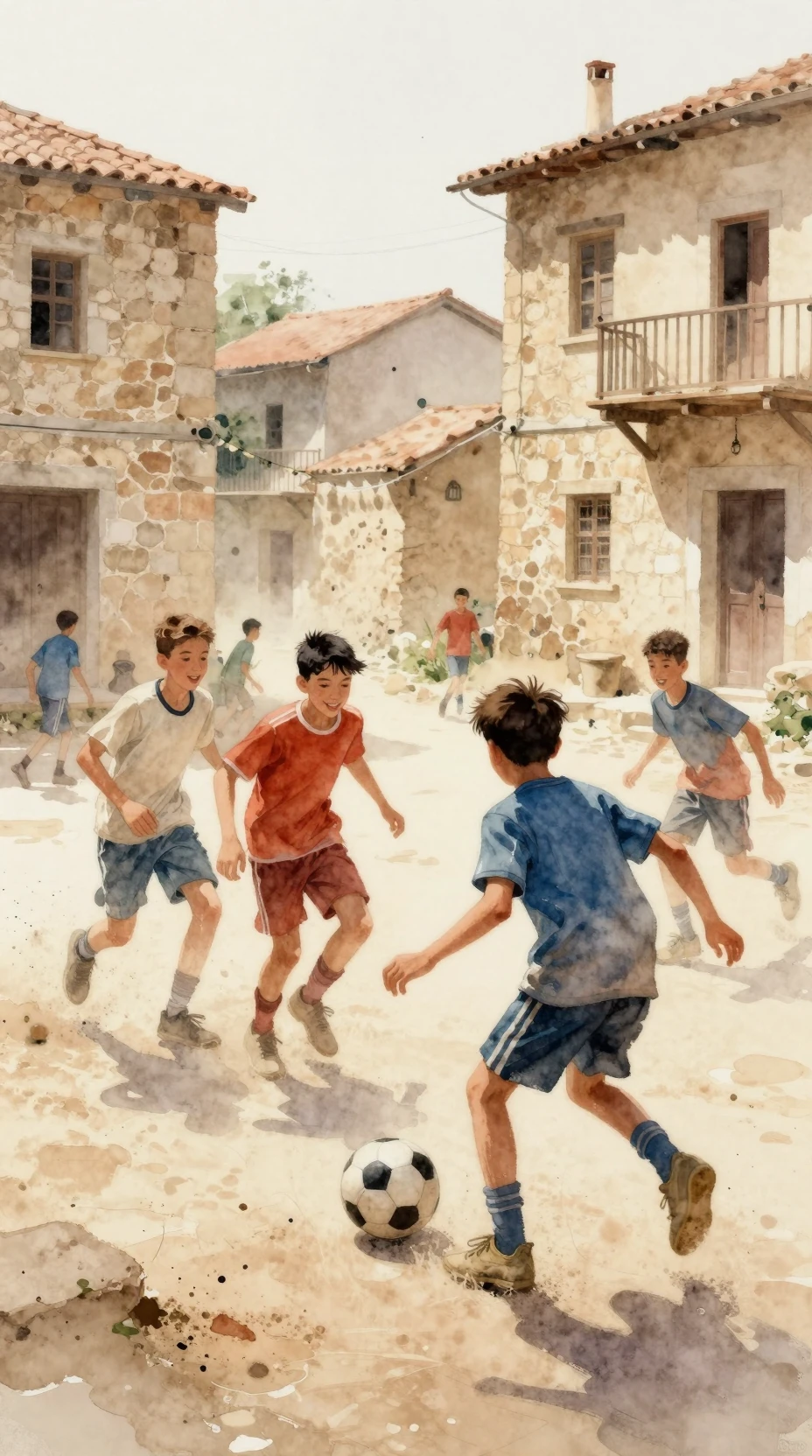 Aquarelljungen, die in einem staubigen Dorf Straßenfußball spielen
