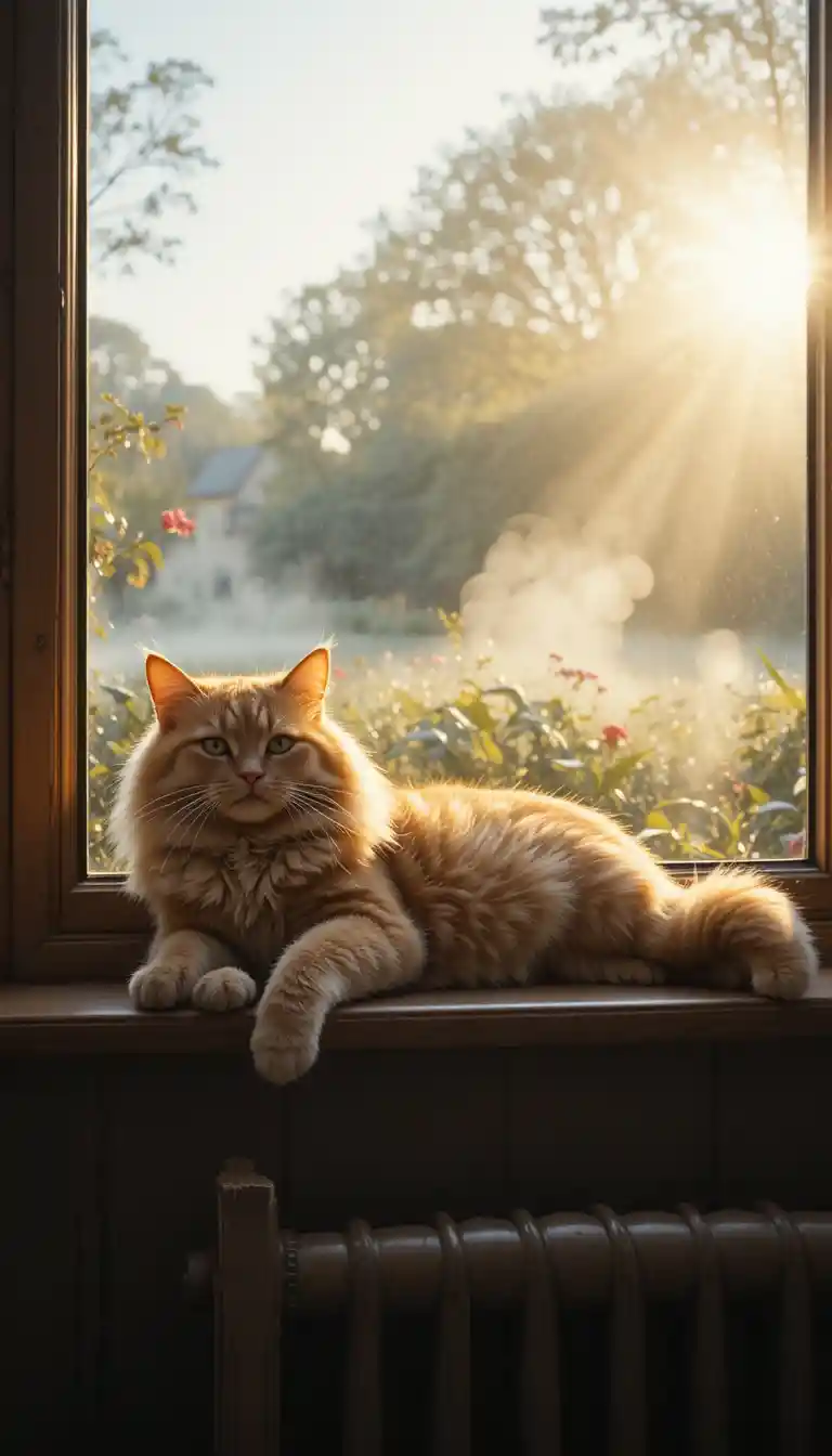 Gatto rosso che si allunga sul davanzale illuminato dal sole del mattino