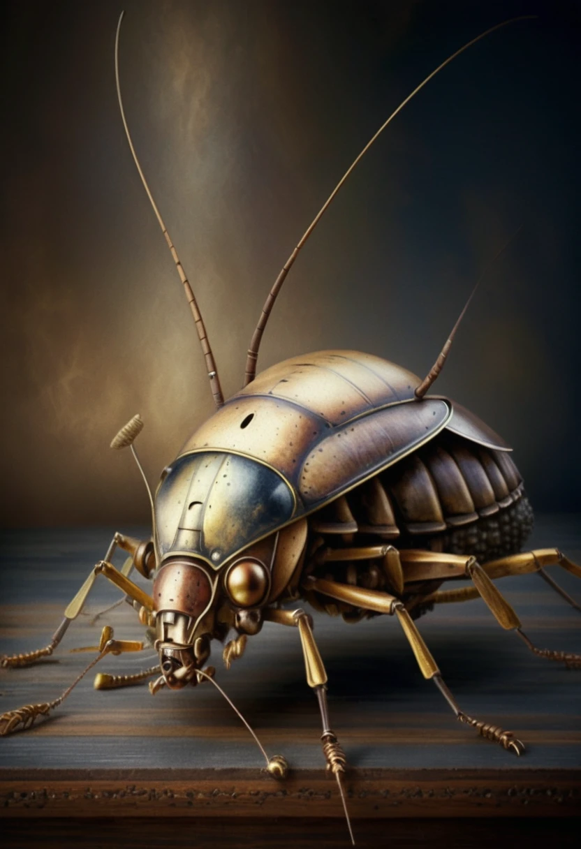 Hyper realistic steampunk mechanical cricket on wooden base