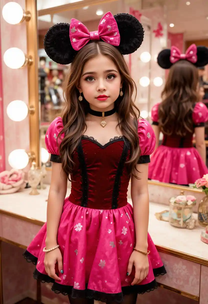Tween boy in pink minnie dress at boutique vanity