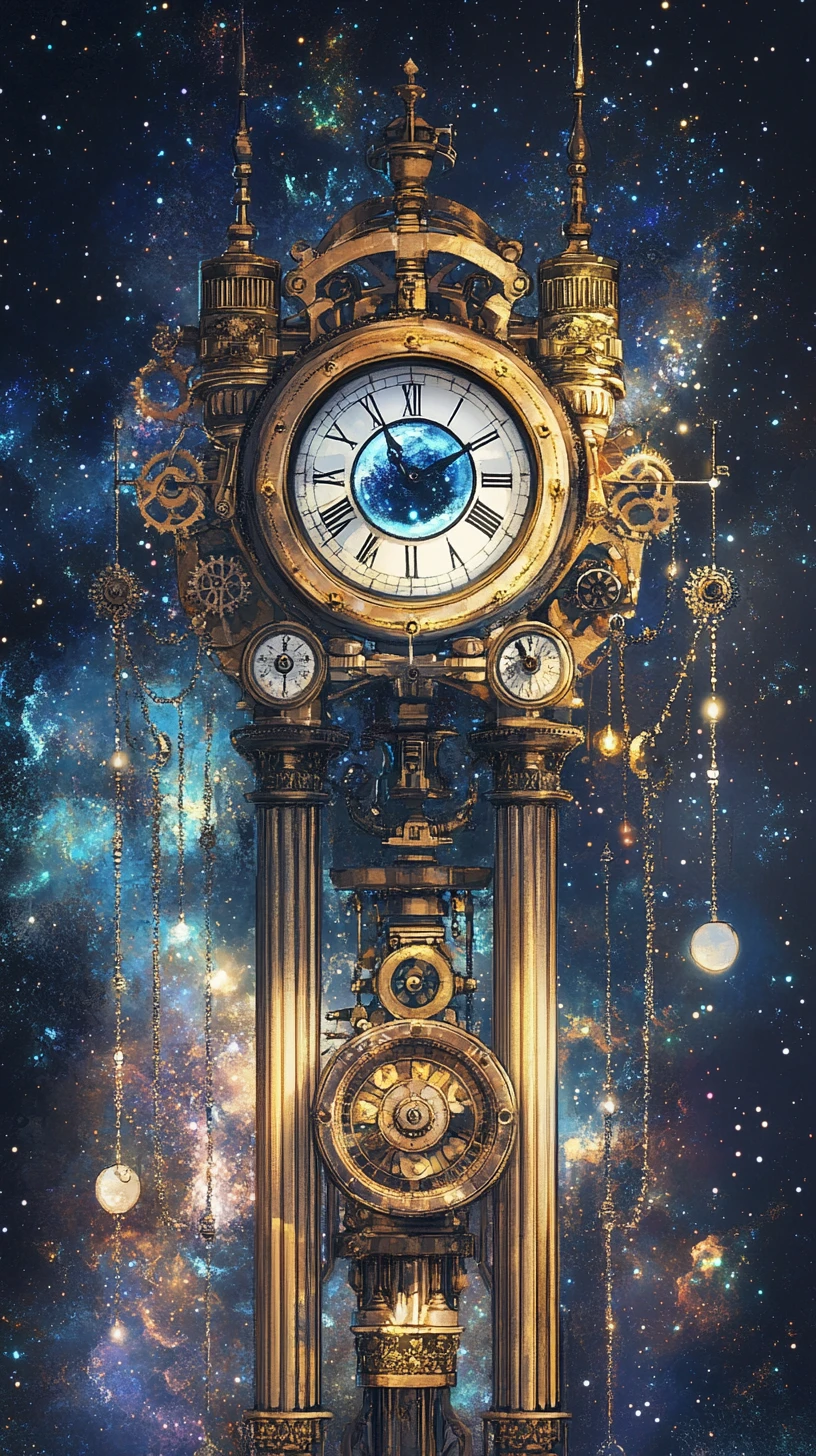 Surrealer Steampunk-Uhrturm mit beobachtenden kosmischen Augen