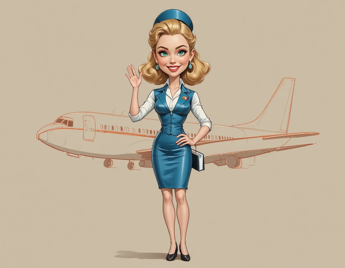 Smiling vintage flight attendant in blue uniform illustration