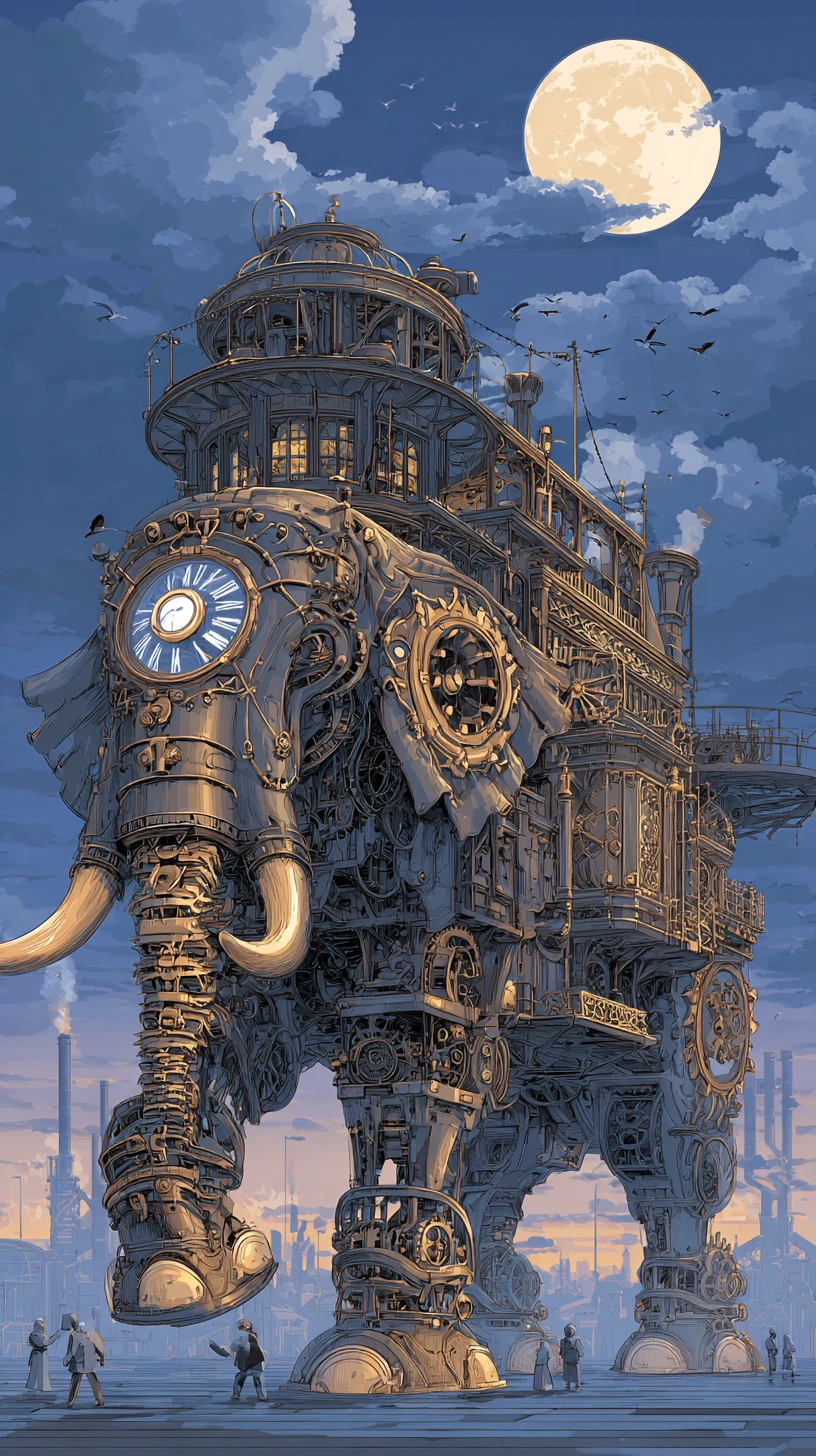 Gigantesco Elefante Mecánico Steampunk bajo el Cielo del Crepúsculo