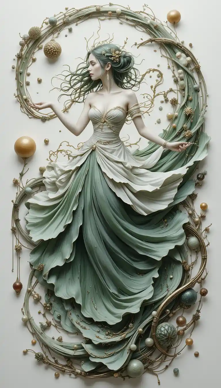 Dancing fantasy girl in airy spiral abstract composition