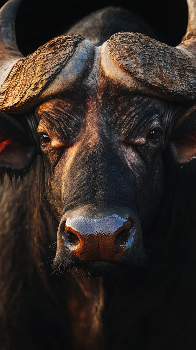 Intense Water Buffalo Portrait With Dramatic Curved Horns