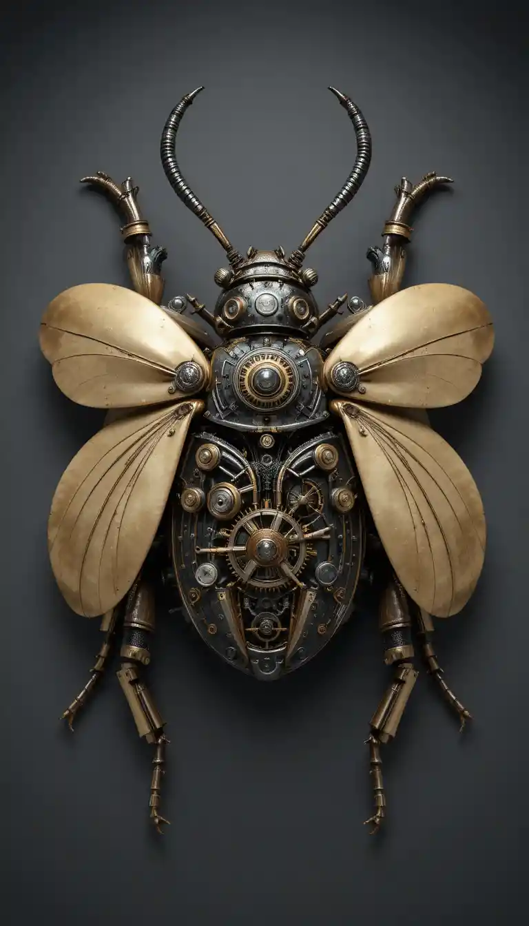 Top down view of a steampunk mechanical beetle sculpture