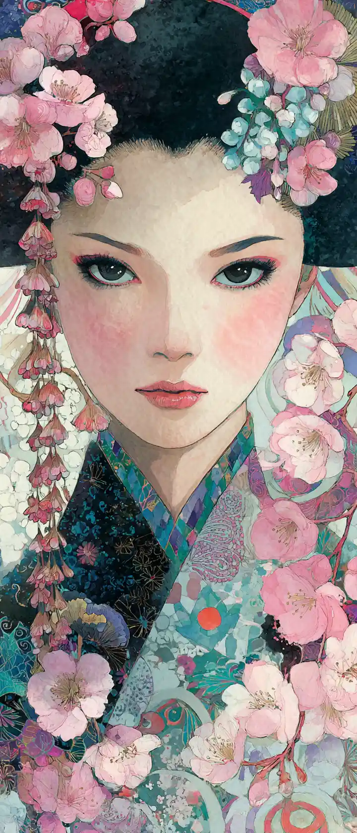 Elegant geisha in floral kimono with dreamy comic style