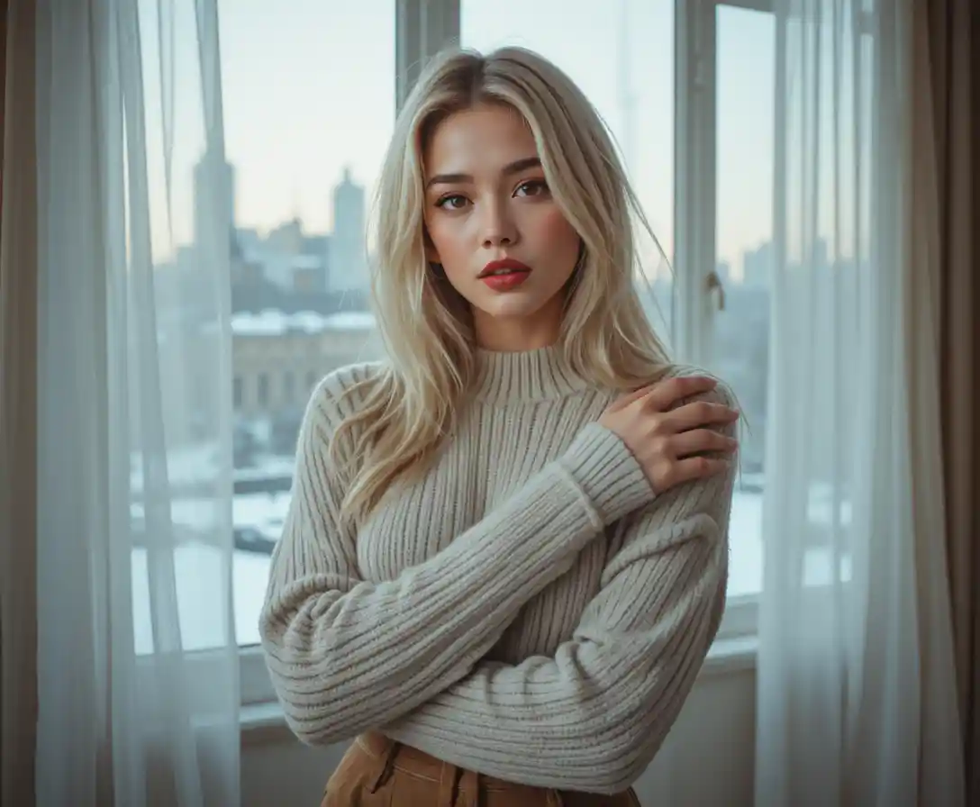 Warm portrait of a blonde woman by a winter window