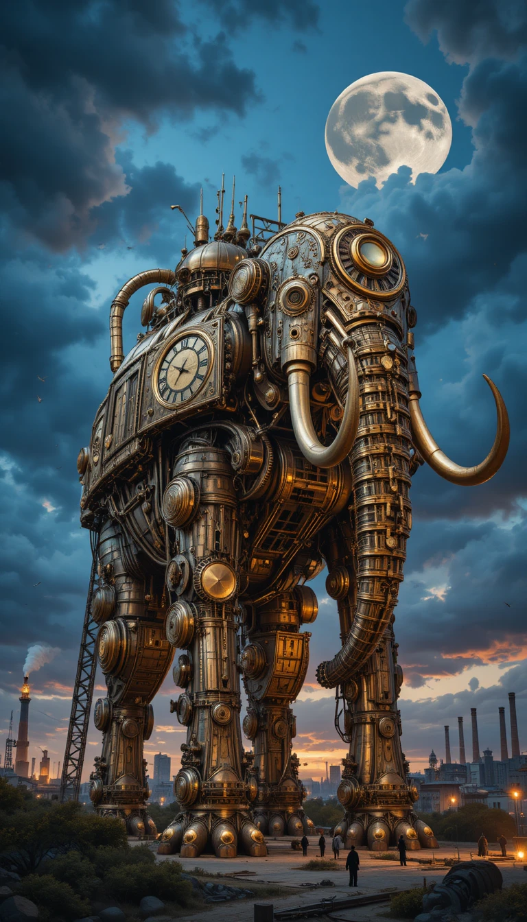 Gigantesco Elefante Mecánico Steampunk bajo el Cielo del Crepúsculo