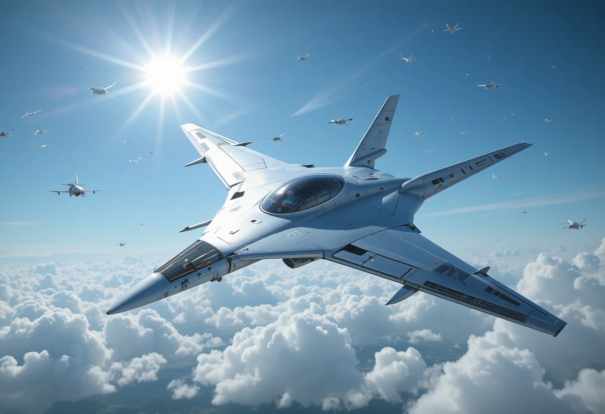 Futuristic aircraft soaring through the sky with flying drones