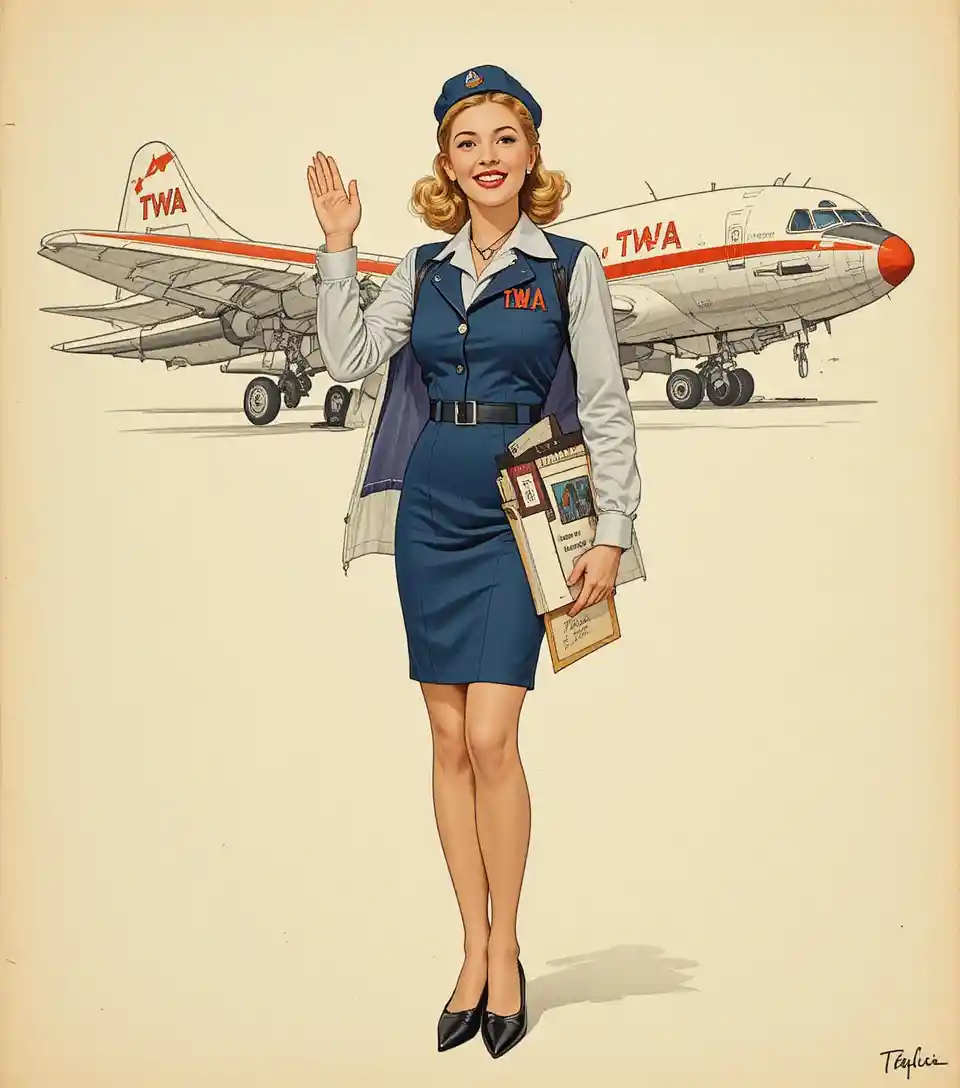 Smiling vintage flight attendant saluting in retro TWA uniform