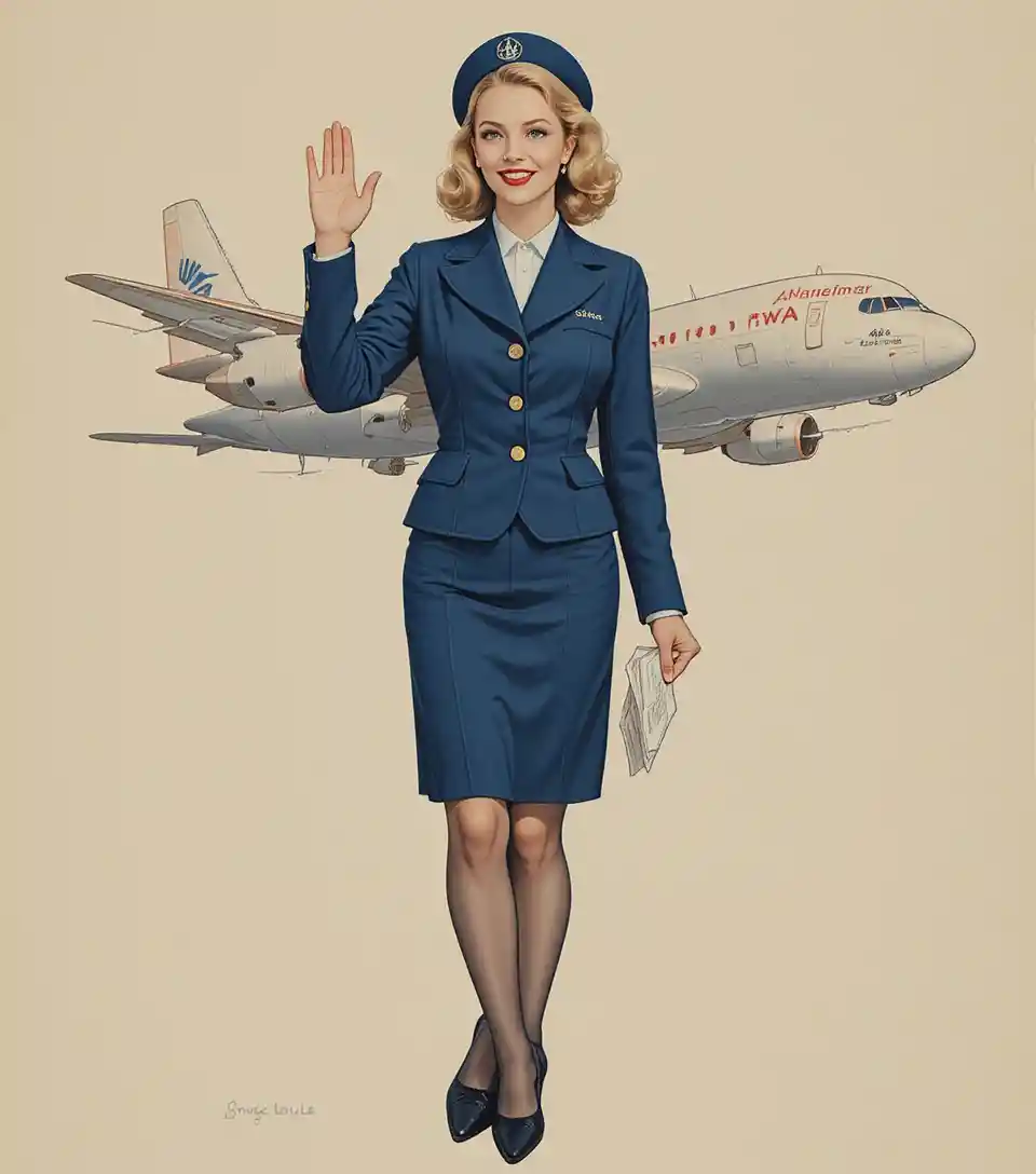 Smiling vintage flight attendant in blue TWA uniform