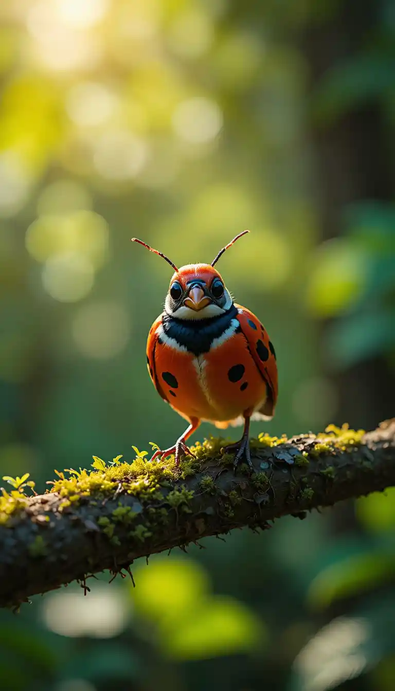 Minuscule oiseau rouge au plumage de coccinelle sur une branche moussue