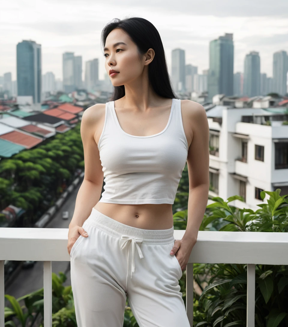 白色背心陽台上的越南女子