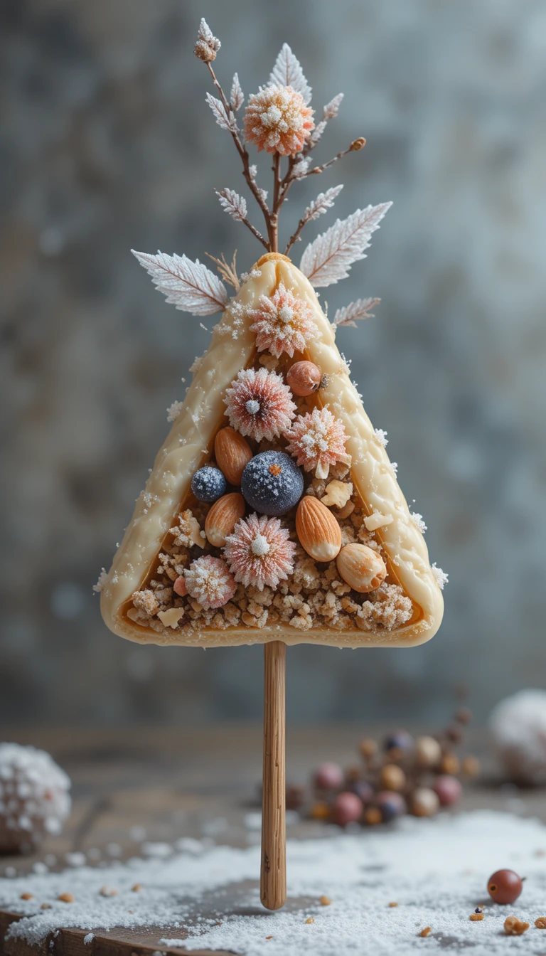 Postre de almendra flotante en brocheta de madera en ingravidez