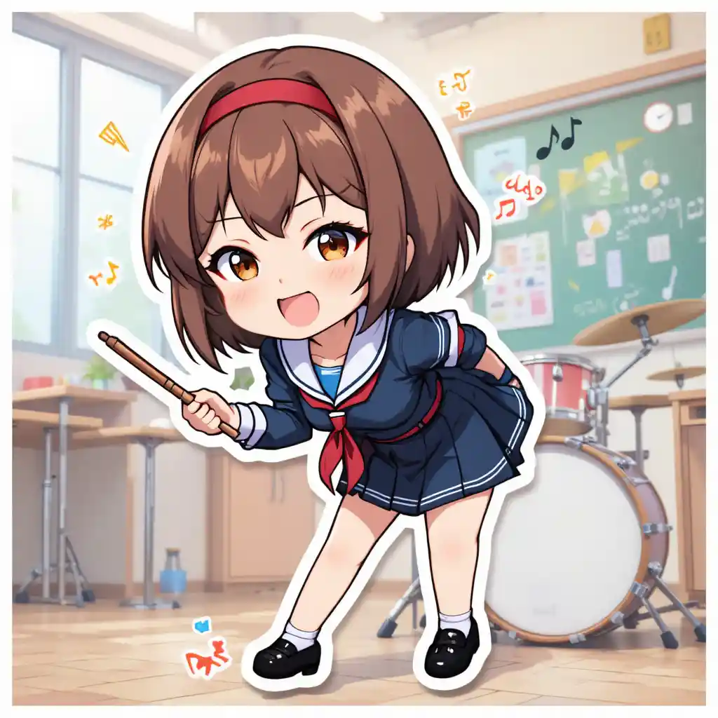 Cheerful anime drummer girl in a pastel classroom scene