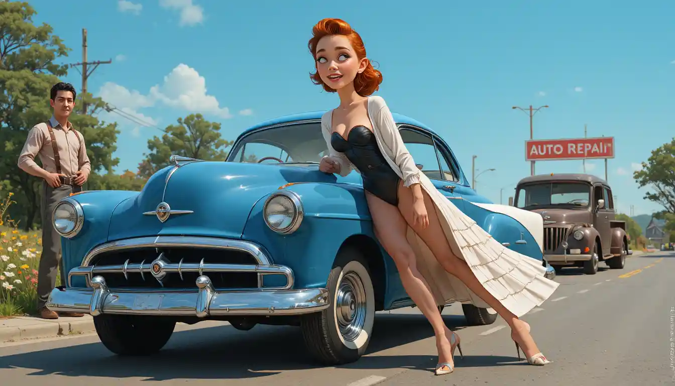 Pin up redhead woman with dress lifted by the wind