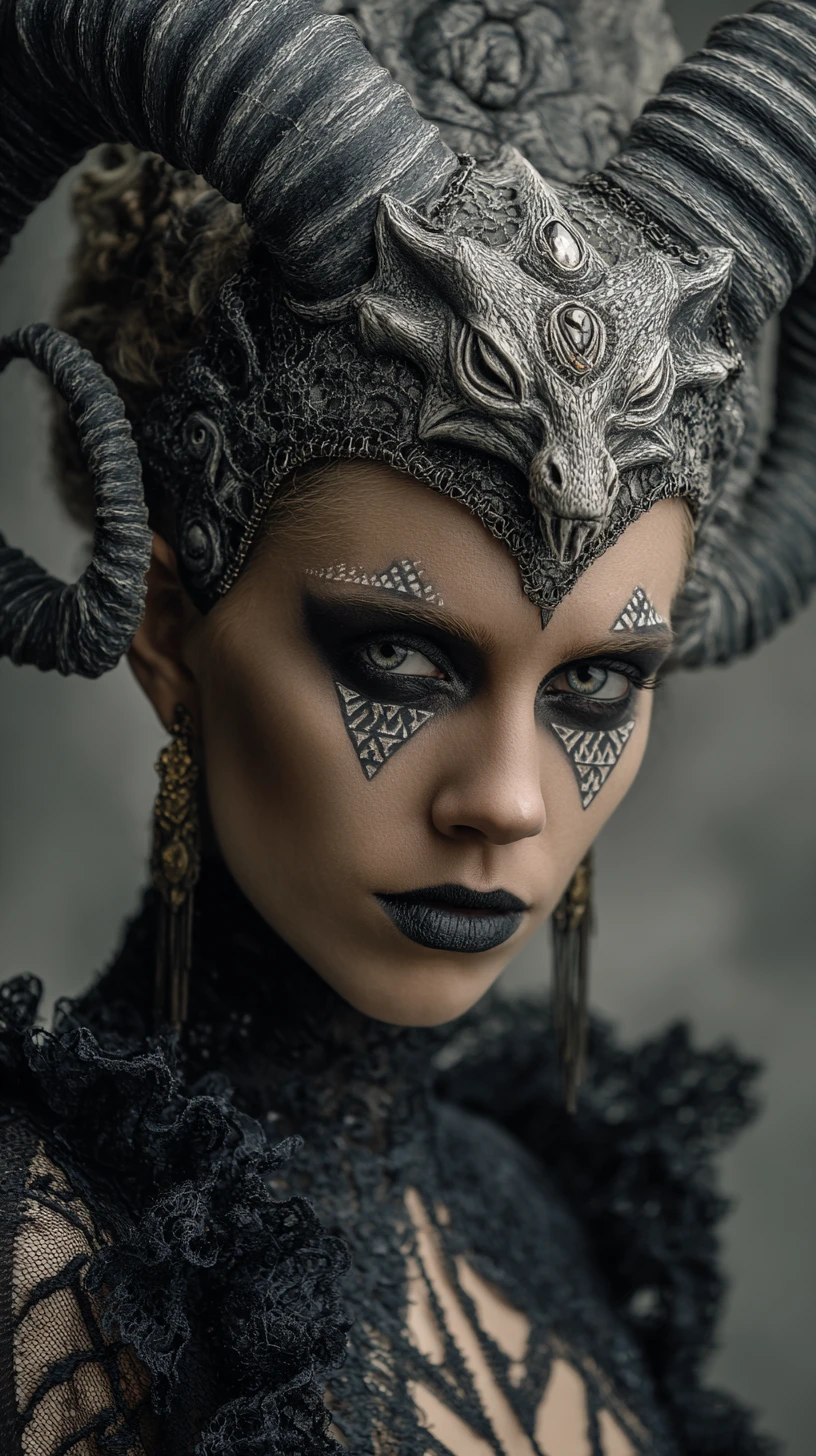 Demonic queen on baroque throne in dark fantasy portrait
