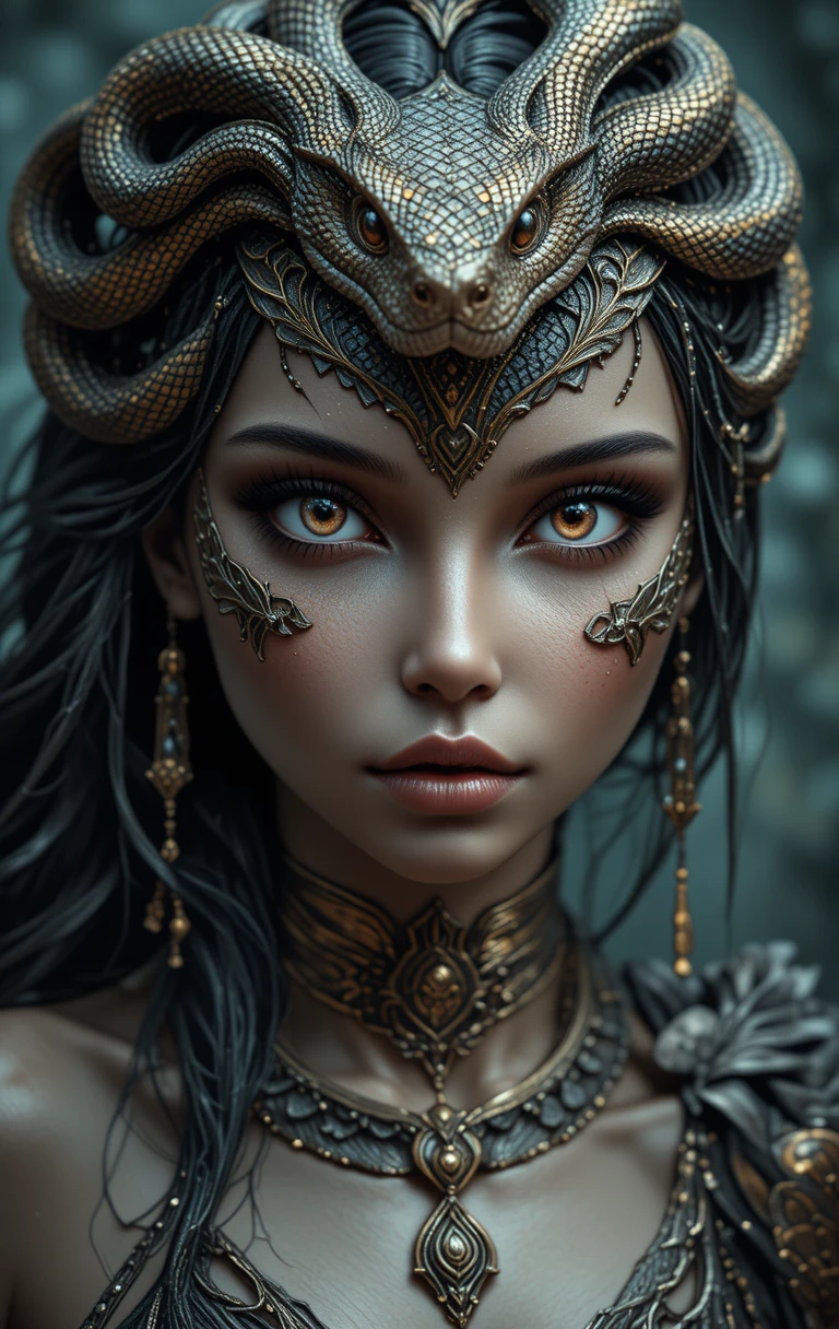 Fantasy-Porträt einer Schlangenpriesterin mit goldener Reptilienmaske