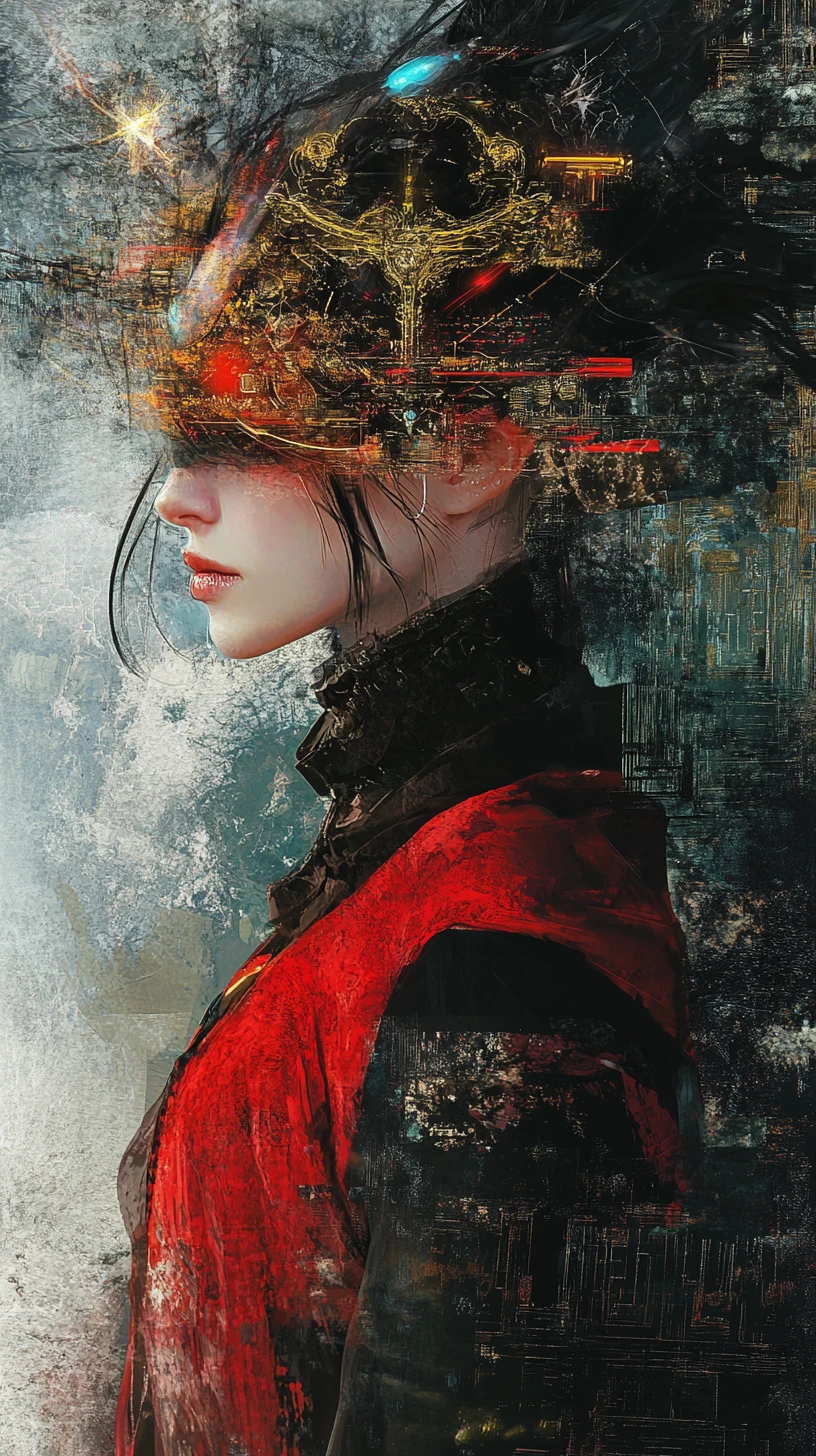 Principessa cyberpunk in un'illusione celestiale dark fantasy