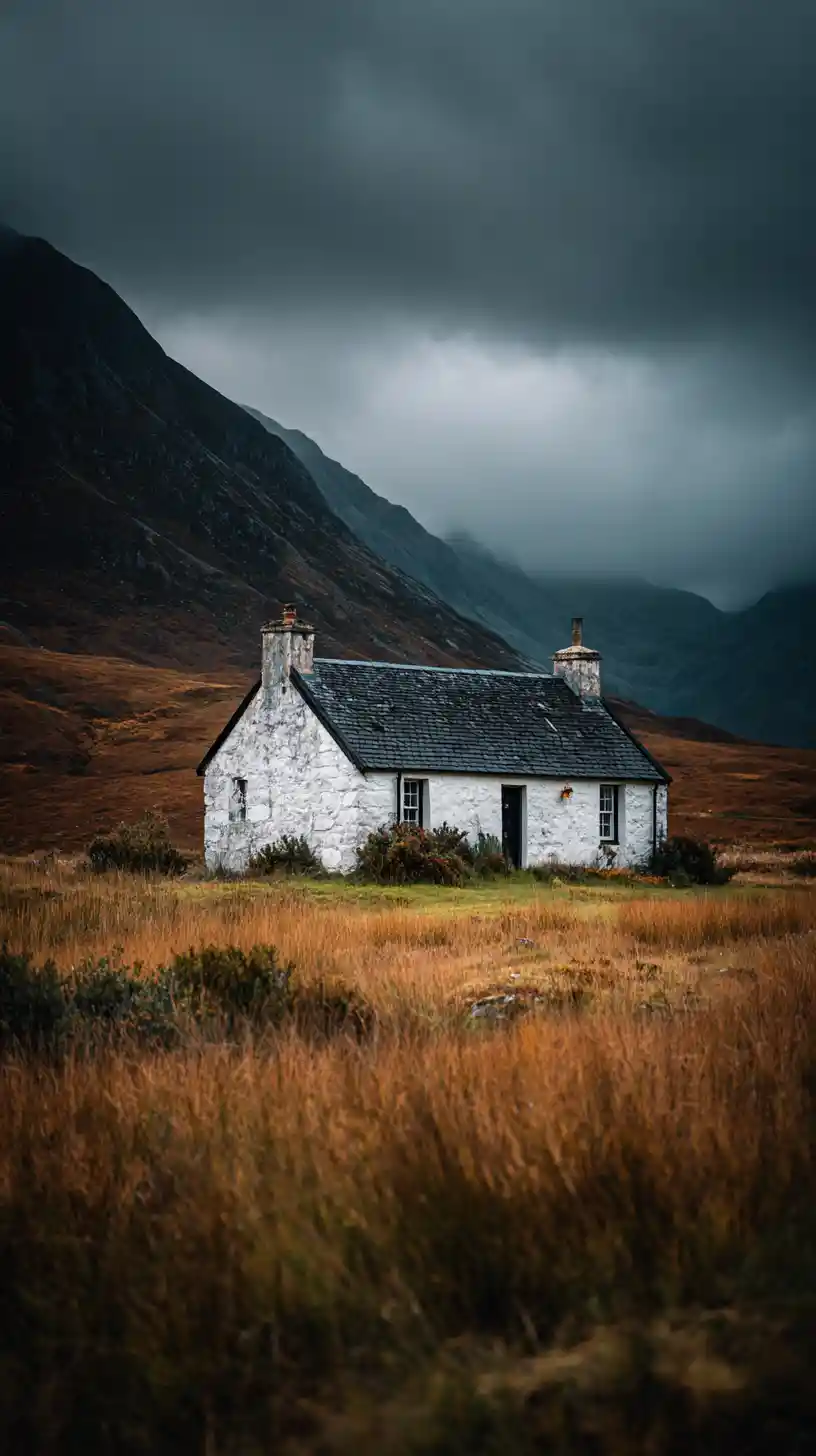 Gekalktes schottisches Haus in abgelegener Berglandschaft
