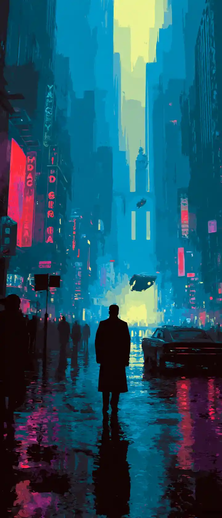 Futuristic neon city street with lone figure at dusk