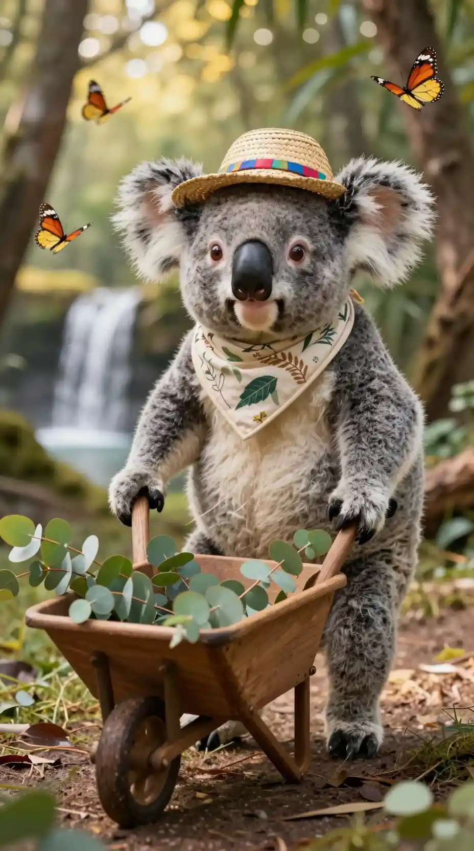 Cheerful baby koala with wheelbarrow in sunlit forest
