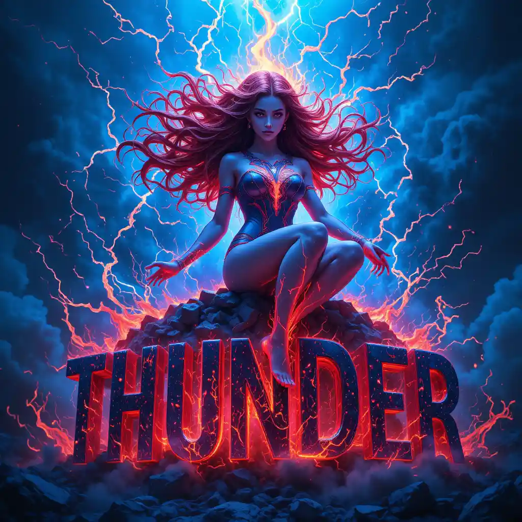 Thunder goddess seated on glowing thunder letters