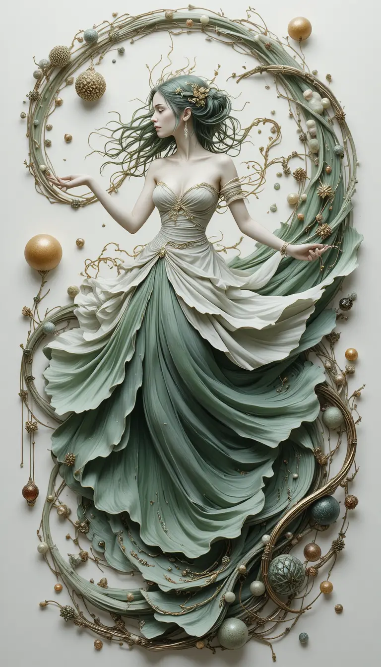 Dancing fantasy girl in airy spiral abstract composition